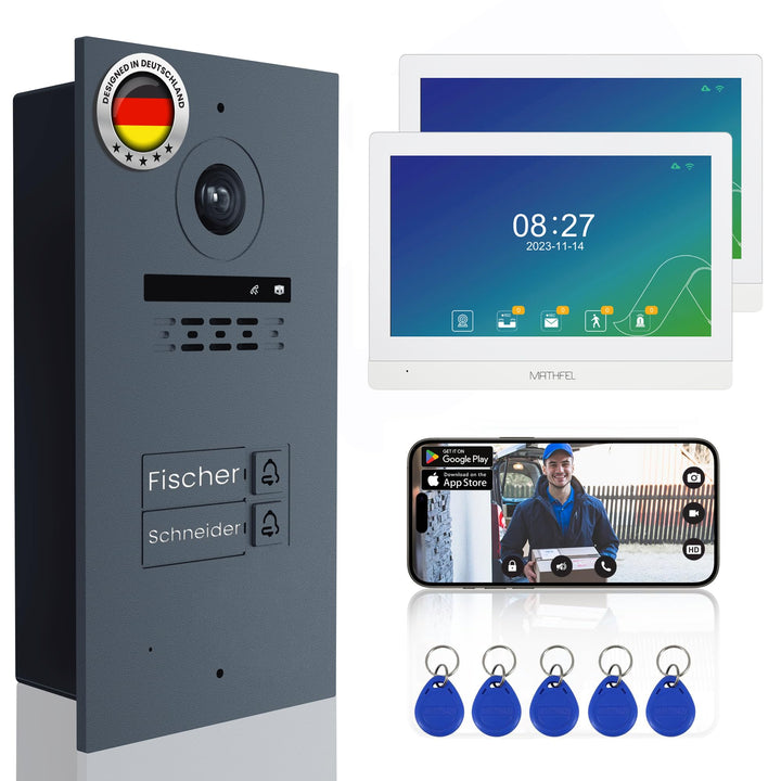 Mathfel 2-Draht Video Türsprechanlage mit RFID – WLAN Monitor, 2MP HD Kamera, 170° Weitwinkel, Türkl