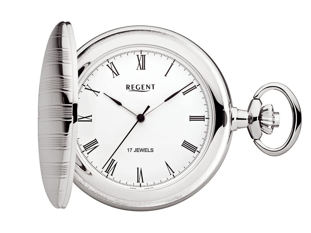 REGENT Herren Taschenuhr Savonnette 47 MM Mechanischer Handaufzug Römische Zahlen P-718 - Silber, P-