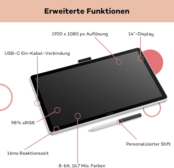 Wacom One 14 Grafiktablett mit Display – 14,0″ Full HD Zeichentablett mit Stift ohne Batterie, entsp