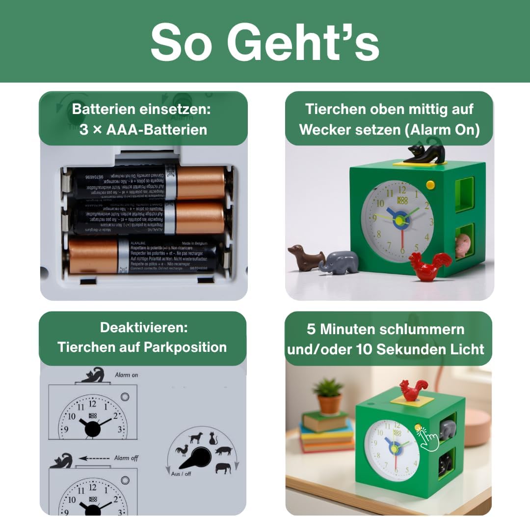 KOOKOO KidsAlarm Grün, Kinderwecker mit 5 Bauernhoftieren und echten Aufnahmen, grün