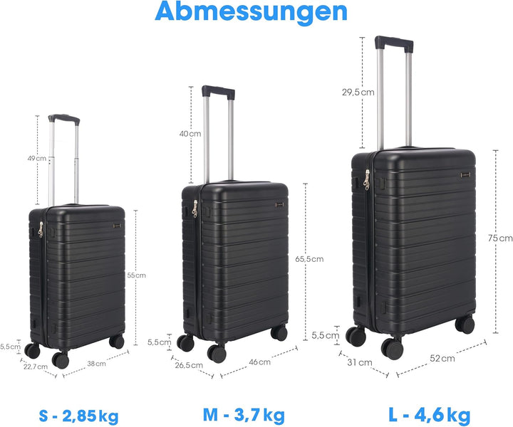 StahlHaus® Hartschalen Koffer 3er Set M + L + XL Reisekoffer – Rollkoffer Schwarz Luxe – 4 Rollen TS
