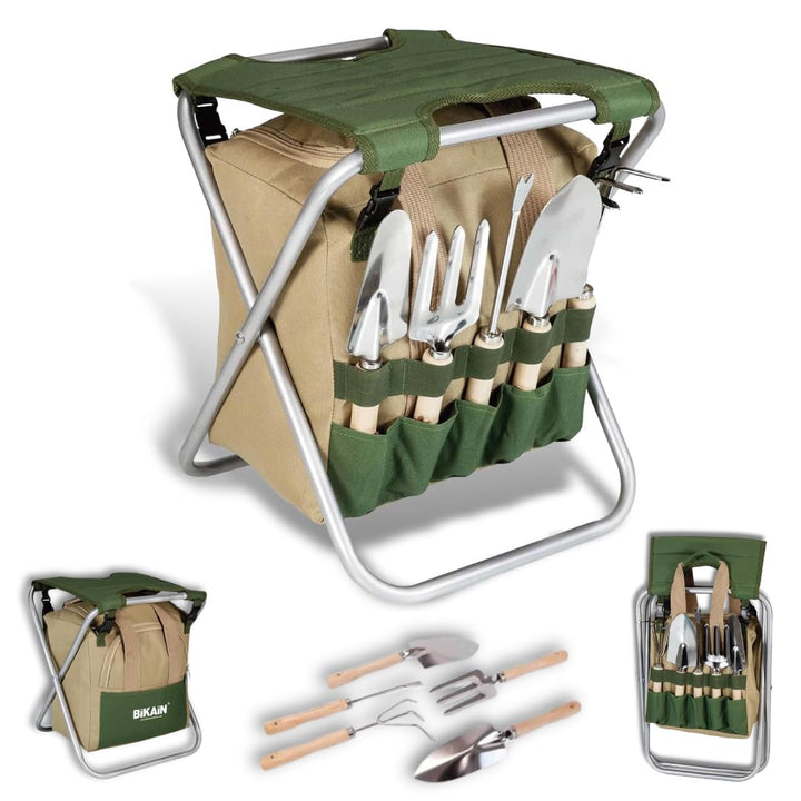 BIKAIN Klappbarer Gartenhocker – Werkzeugset – Aufbewahrungstasche mit Reissverschluss – inkl. 5 Wer
