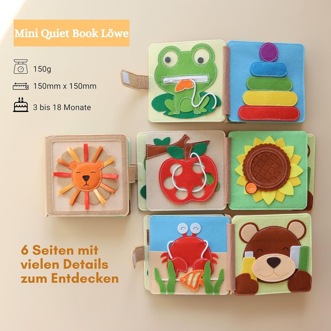 Mini Quiet Book Löwe – Handgefertigtes Filz-Sensorikbuch mit Fühlelementen – Bildschirmfreies Spielz