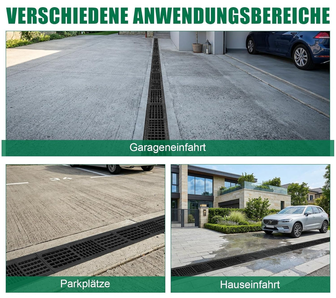 1m Entwässerungsrinne mit B125 HDPE-Abdeckrost - 1000 x 155 x 140 mm - Bodenrinne Ablaufrinne für Ga