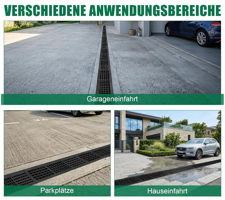 1m Entwässerungsrinne mit B125 HDPE-Abdeckrost - 1000 x 155 x 140 mm - Bodenrinne Ablaufrinne für Ga