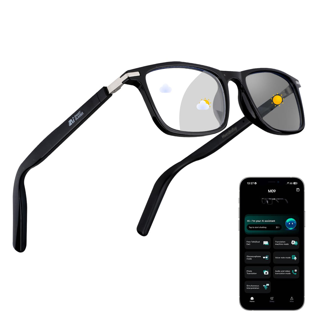 AI Smart Brille mit 160+ Sprachen, Farbwechsel-Linsen, Integriertem Lautsprecher & Klarer Audio - Bl