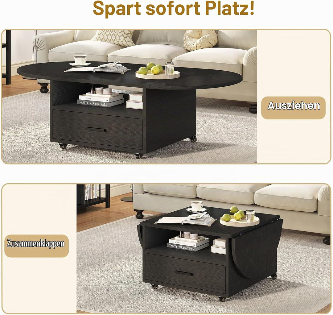 IBF Klappbarer Couchtisch mit Stauraum Holz Oval Wohnzimmer Tisch mit Schublade Modern Ausziehbarer