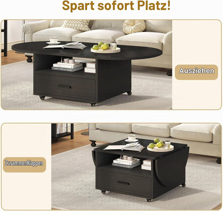 IBF Klappbarer Couchtisch mit Stauraum Holz Oval Wohnzimmer Tisch mit Schublade Modern Ausziehbarer