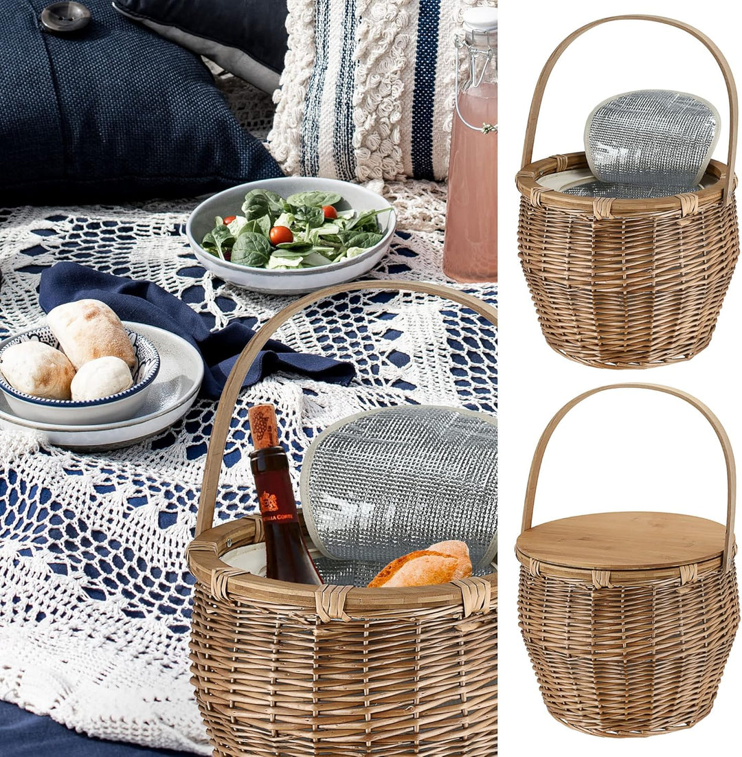 Picknickkorb mit Kühlfach│Picknicktisch Funktion │ Rattan 38x34cm Isoliertasche Holzdeckel │ Flechtk