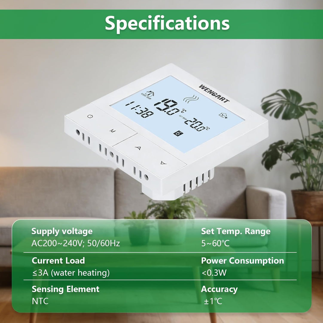 Wengart Tuya Thermostat WG372,AC230V 3A 2,4 GHz WiFi Arbeit für Arbeit für Wasser Fussbodenheizung,A