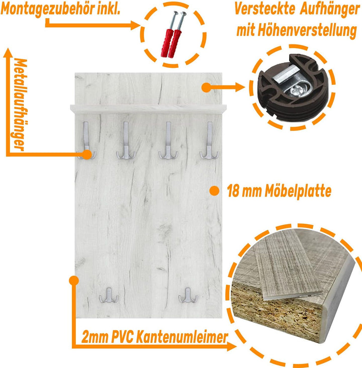 AKKE 90x60 | MAXI Garderobenpaneel Wandgarderobe Garderobe Wandpaneel Kleiderstange ALUMINIUM | WHIT