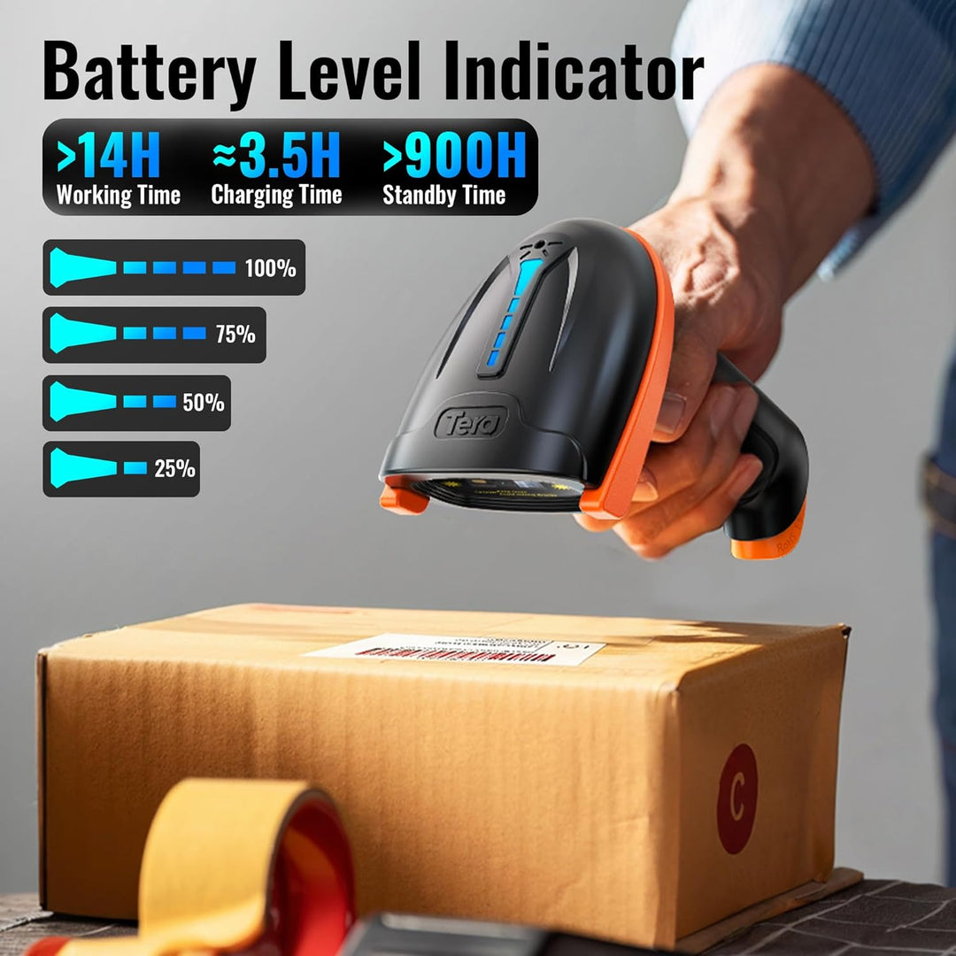 Tera Kabelloser Handheld-Barcode-Scanner 1D Laser Wireless und USB-Wired mit Akkustandsanzeige, Extr