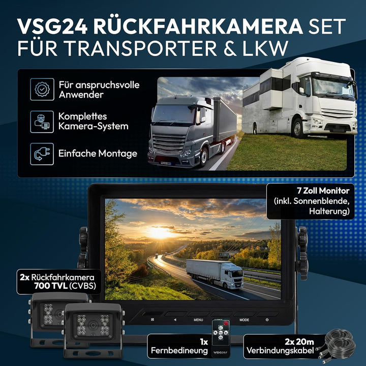 VSG24 24504 Rückfahrkamera 7" Transporter-Set Transit inkl. 2X Kamera, Monitor, Kabel - Wasserdicht