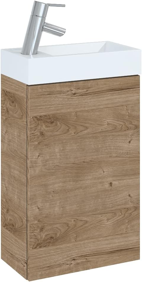 VBChome Badmöbel Set 40 cm Weiss Waschbecken mit Eiche Canela Hängeschrank Waschtisch 1-Türen Push t