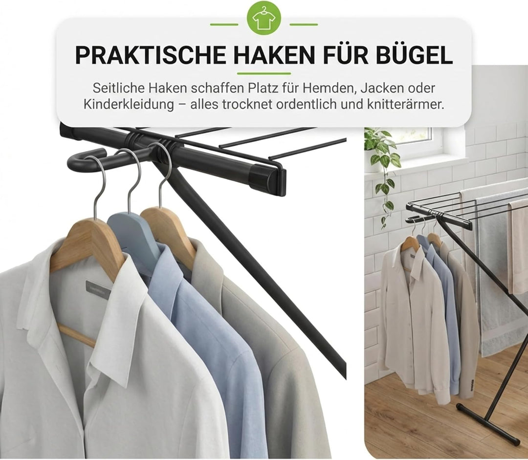Gardissimo kompakter Wäscheständer Space schwarz, 5,5 m Trockenfläche, mit Haken für Kleiderbügel un
