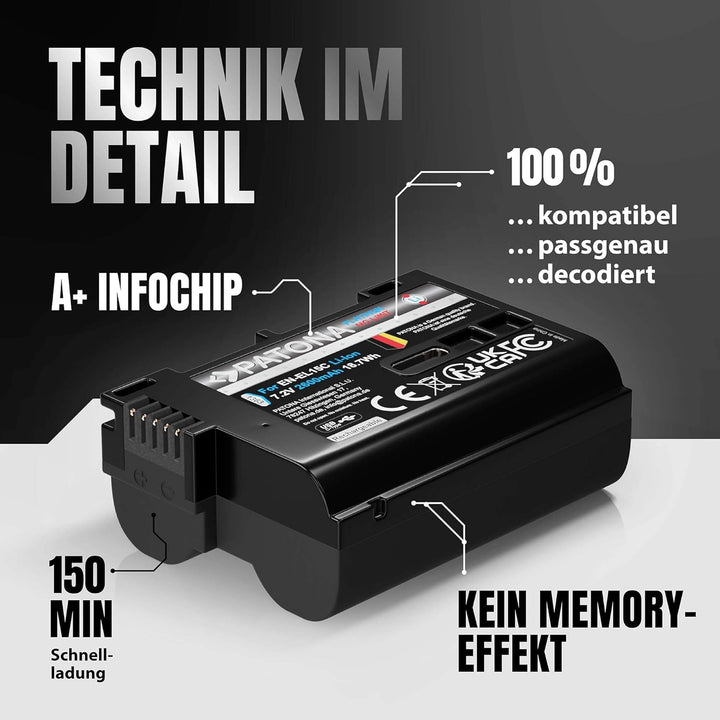 PATONA 2X Platinum EN-EL15C Akku 2600mAh USB-C kompatibel mit Nikon 1 V1 D7000 D7100 D7200 D7500 D50