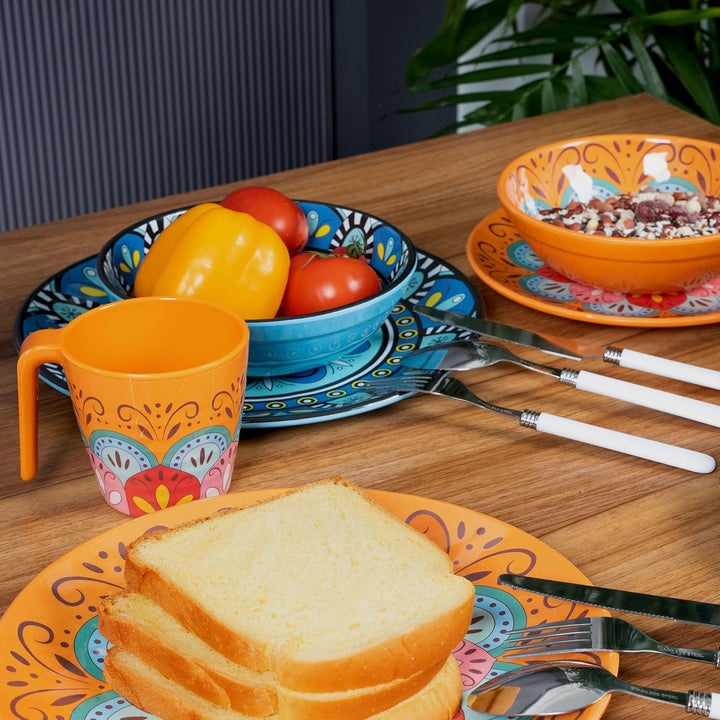 Melamin Geschirr Set Toskana Pastel für 4 Personen - BUNT - Mandala-Optik Spülmaschinengeeignet Essg