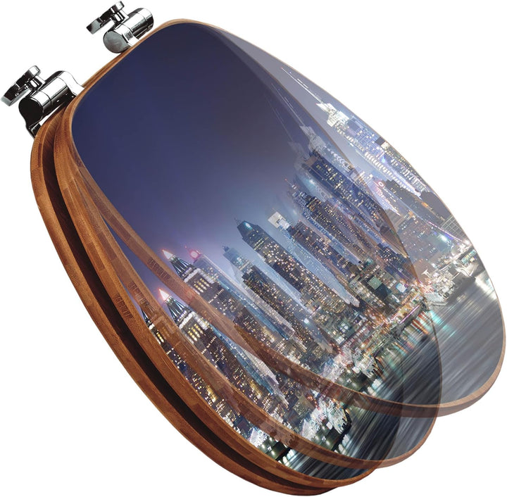 banjado® Design WC Sitz Bambus Absenkautomatik mit Motiv New York/Toilettendeckel mit Absenkautomati