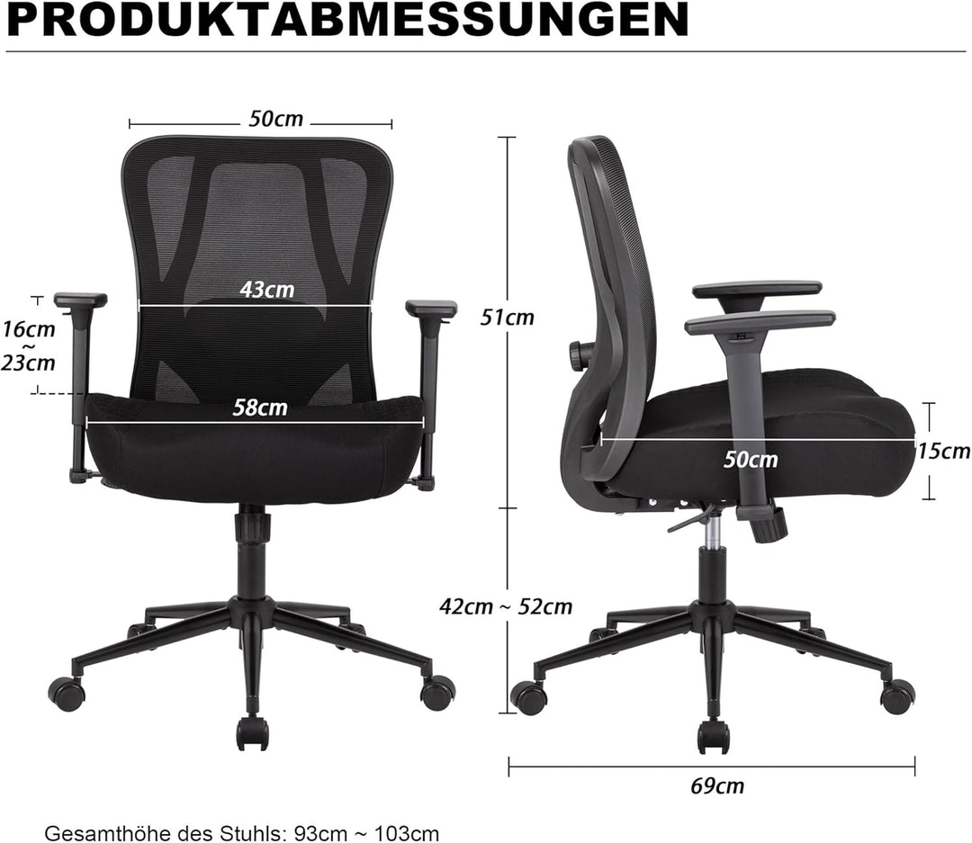 UEV Ergonomischer Bürostuhl 230kg, Verstellbare Lendenwirbelstütze/Armlehnen, atmungsaktiv Netzbespa