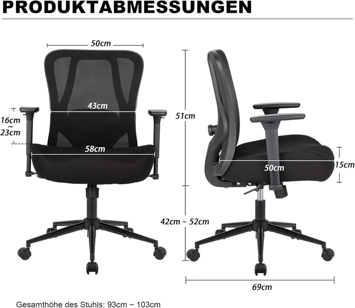 UEV Ergonomischer Bürostuhl 230kg, Verstellbare Lendenwirbelstütze/Armlehnen, atmungsaktiv Netzbespa