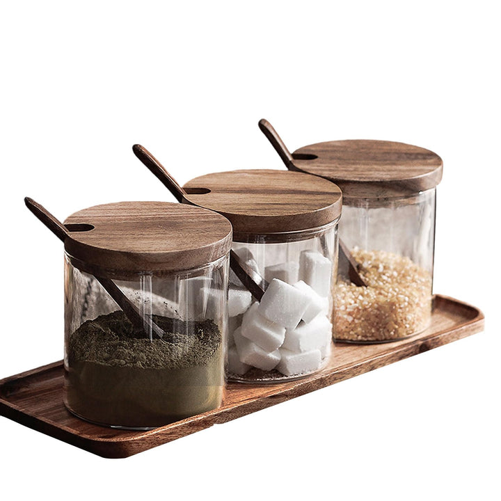 Gewürzgläser 3er Set 8.5oz/250ml Glas Gewürzbehälter mit Bambus-Deckel, Löffel und Tablett, Gewürzdo