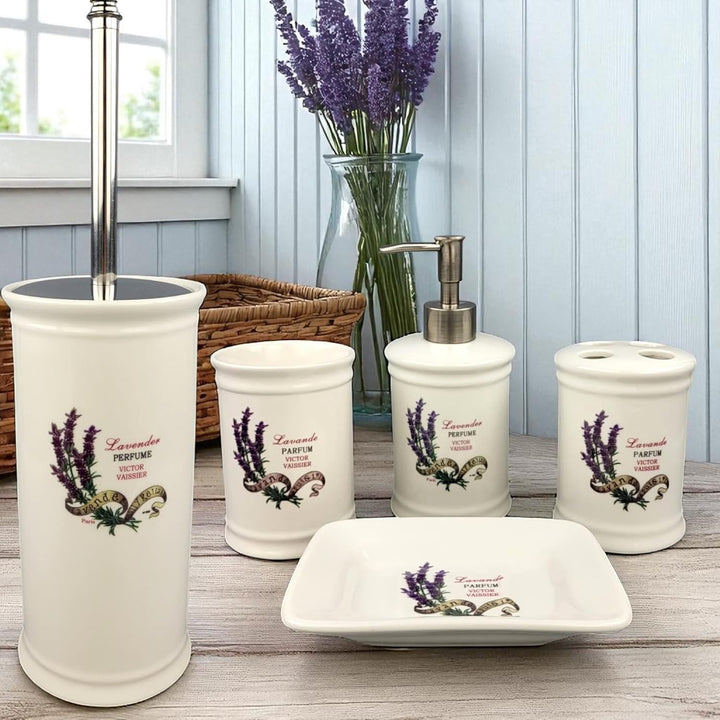 GMMH Landhaus Vintage BADSET Lavendel Badezimmer ZUBEHÖR Set SEIFENSPENDER WC BÜRSTE Keramik (5 er S