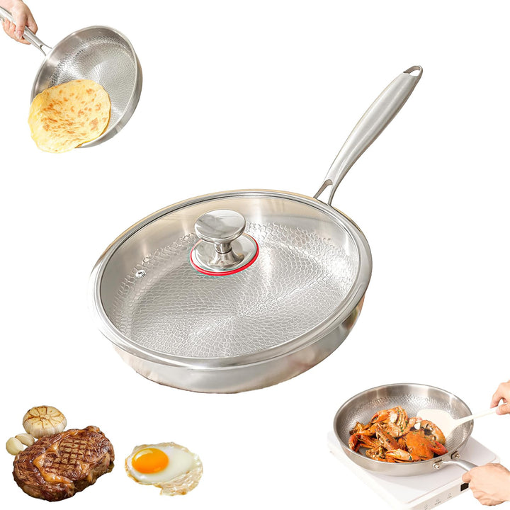 Titan Pfanne, Titanium Hammered Pan Pro mit Deckel, 28 CM Titan Pfanne Unbeschichtet, Antihaftbeschi