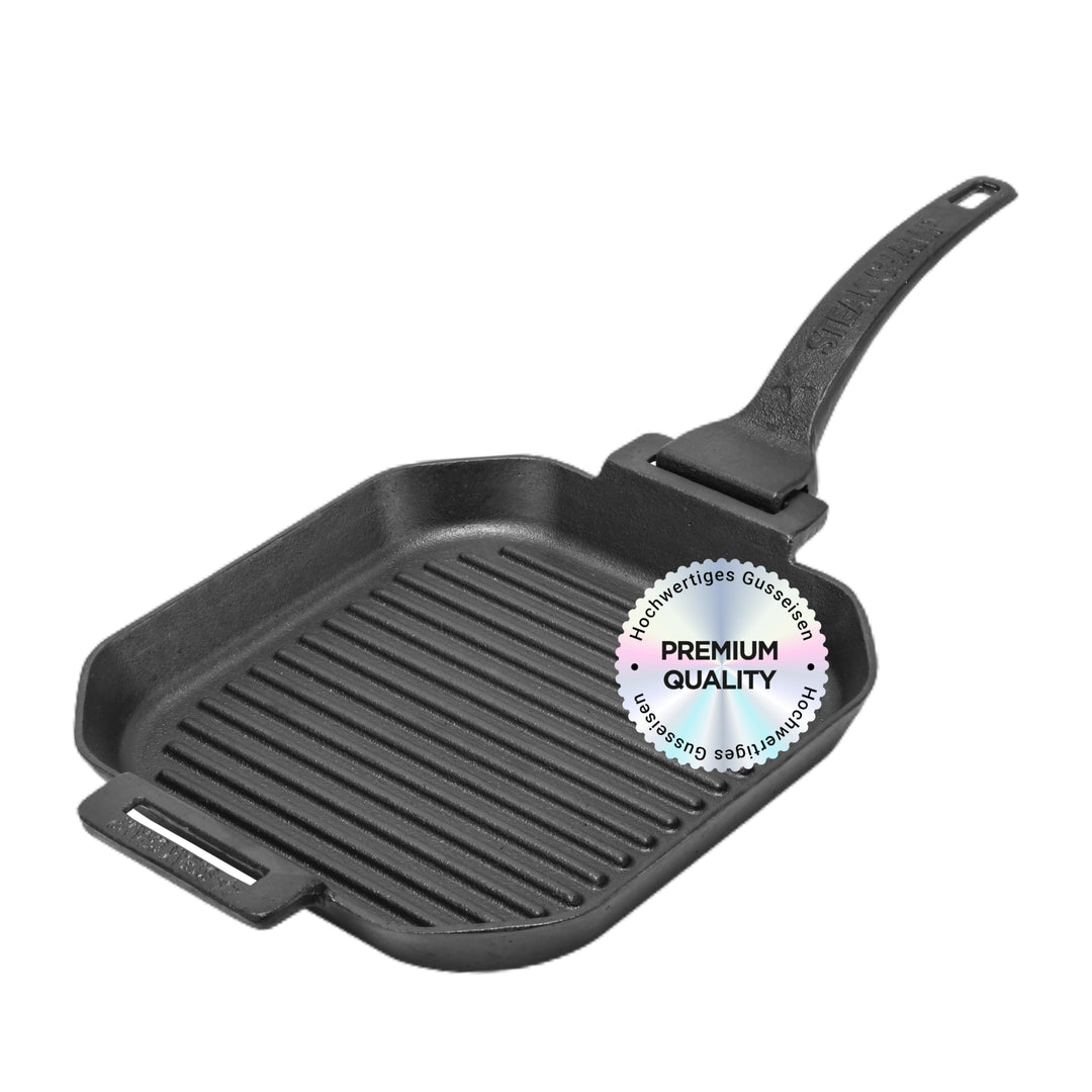 STEAK CHAMP Gusseisen Grillpfanne - Grillpfanne aus Gusseisen 26cm (quadratisch) mit abnehmbaren Gri