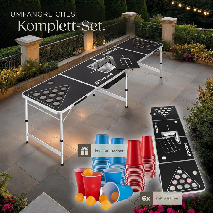 tectake® Bierpong Tisch, inkl. 100 Becher (50 rot & 50 blau) und 6 Bälle, mit Eisfach und Becherhalt
