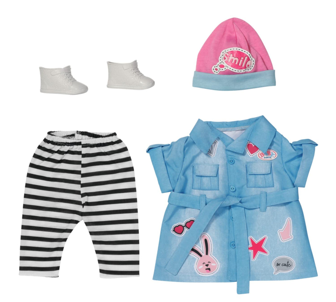 BABY born Deluxe Jeans Kleid, Puppenkleid mit gestreifter Leggings, rosa Mütze und Schunen für 43 cm