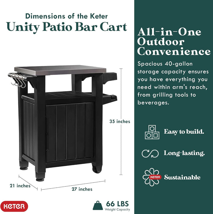 Keter Unity Portable 40 Gal Outdoor Table and Storage Cabinet w/ Accessory Hooks, Stainless Steel To