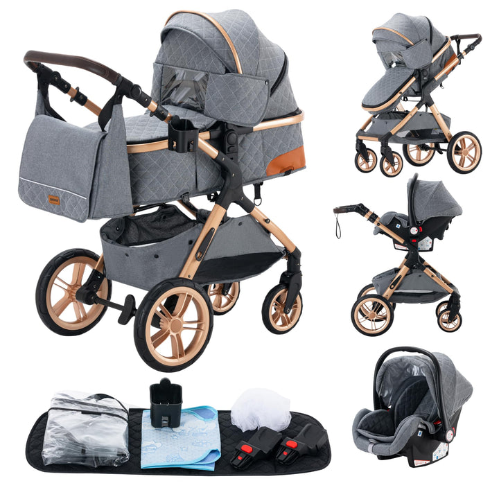 YAZOCO kinderwagen 3 in 1, Zusammenklappbar kinderwagen mit Wickeltasche,Komplettset Becherhalter,Mo