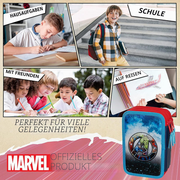 Marvel Federmäppchen für Jungen, Federmäppchen, Fächer, gefüllt, für Schule, Filz, Buntstift, Gesche