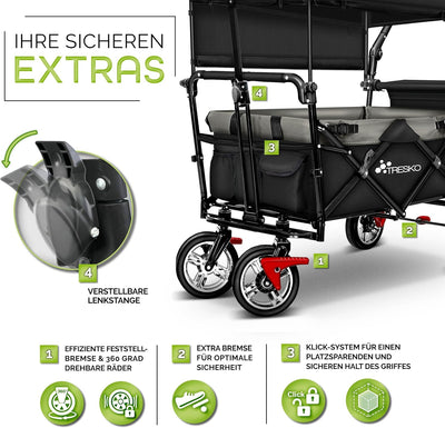 TRESKO® Bollerwagen faltbar mit Dach | Handwagen mit 2x3-Punkt Gurtsystem | Gartenwagen klappbar bis