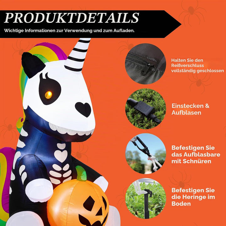 Joiedomi Aufblasbares Halloween-Skelett-Einhorn, 152 cm, aufblasbar, mit eingebauten LEDs, aufblasba