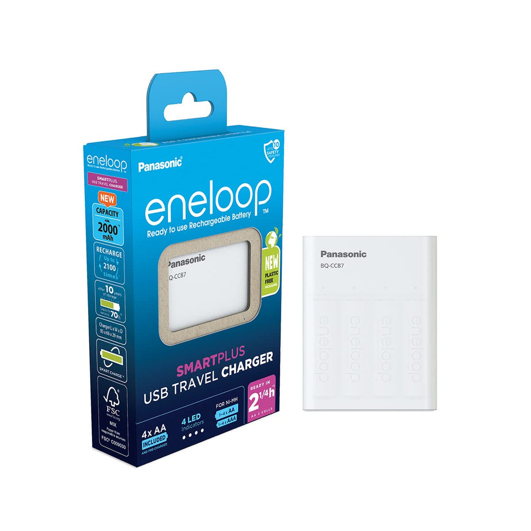 Panasonic eneloop SmartPlus USB Travel Ladegerät für 1–4 AA/AAA NI-MH-Akkus, mit USB-Anschluss, 10 S