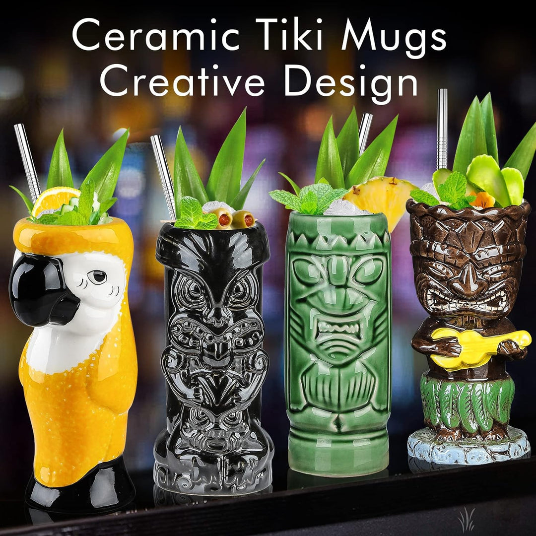 SuproBarware Tiki-Gläser für Cocktails, Tiki-Becher, 4er-Set, tropische Keramikbecher, hawaiianische