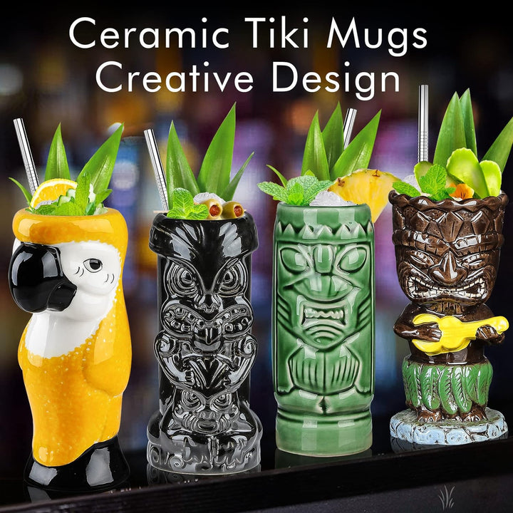 SuproBarware Tiki-Gläser für Cocktails, Tiki-Becher, 4er-Set, tropische Keramikbecher, hawaiianische