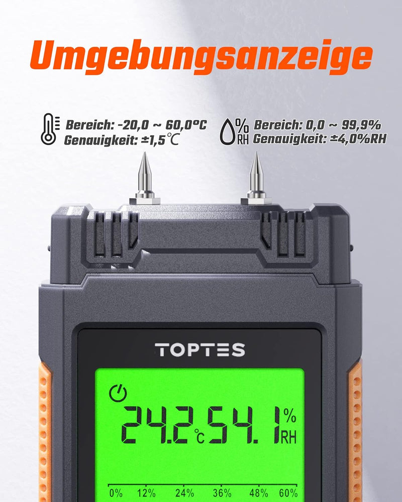 TopTes Feuchtigkeitsmessgerät, Feuchtigkeitsmesser für Wand und Holz TS-630, Grosses LCD-Display Dre