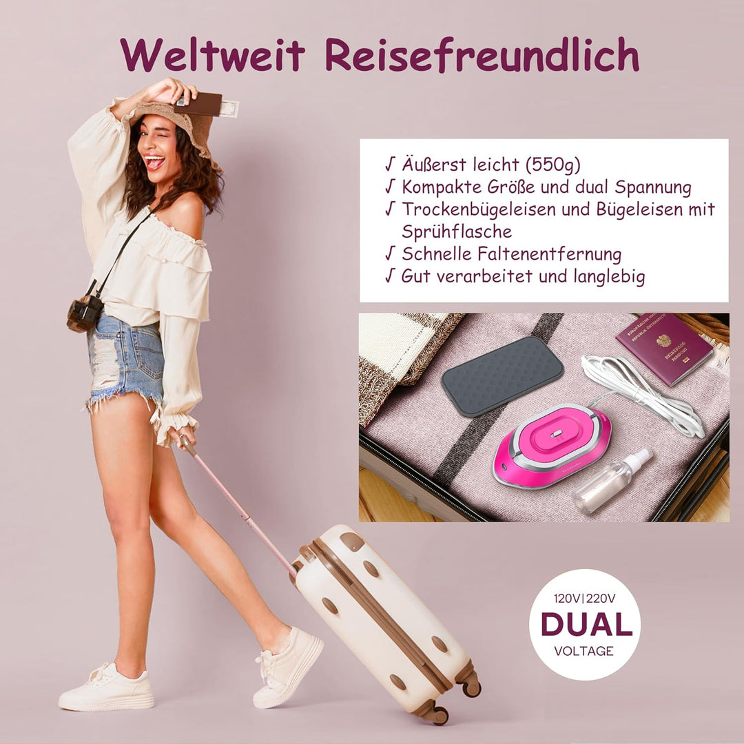 Newbealer Mini Reisebügeleisen mit umschaltbarer Spannung 220V/120V, Kompaktes Bügeleisen für Kleidu