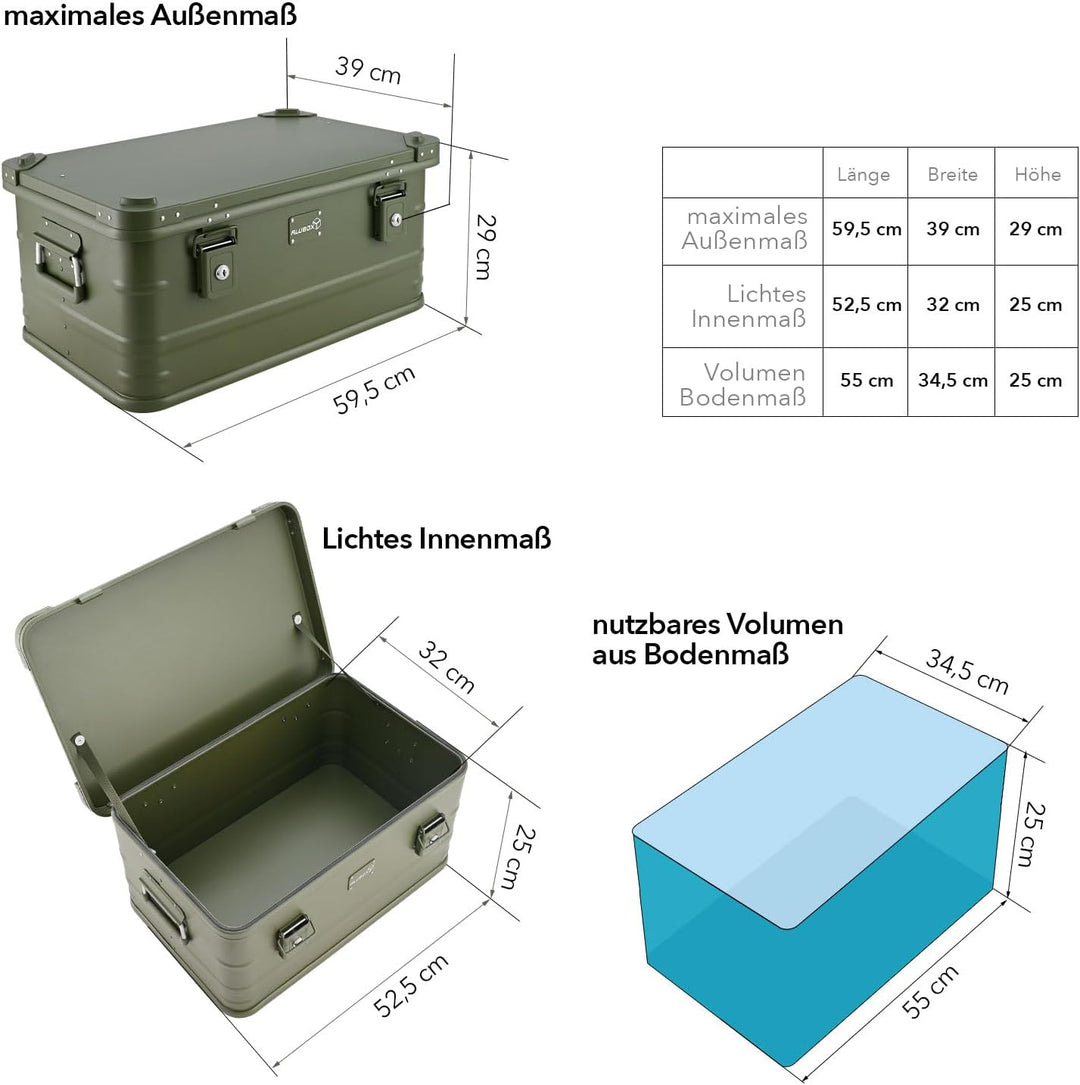 Alubox Alukiste abschliessbar E47G OLIVGRÜN - Premium Lagerbox 47 Liter - Materialstärke 1mm - Decke
