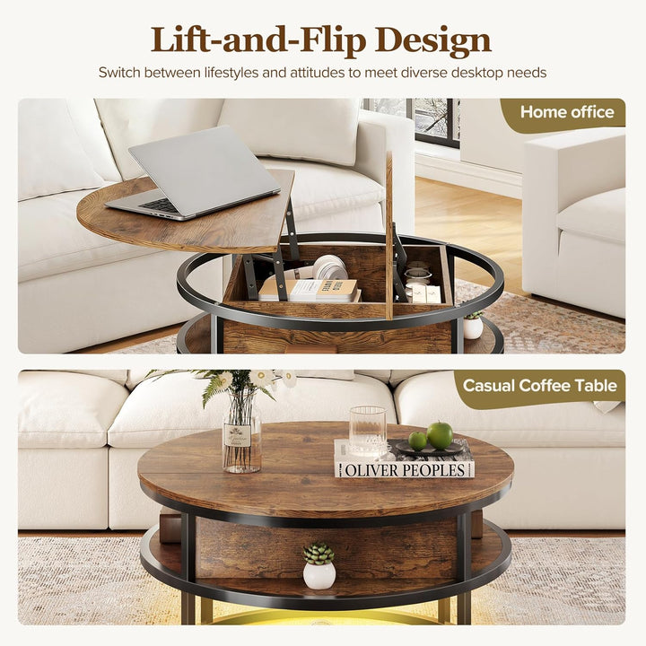 Dripex Couchtisch Rund, 81cm Durchmesser, Höhenverstellbar Beistelltisch mit Verstecktem Stauraum, W