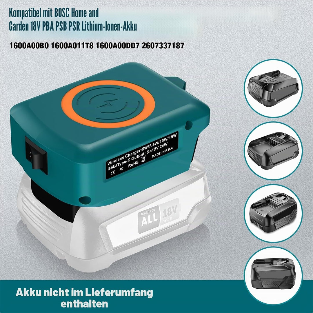 Kabelloses Tragbares Ladegerät für Bosch 18V Home and Garden Li-Ionen Akku, 15W Schnell Telefon Lade