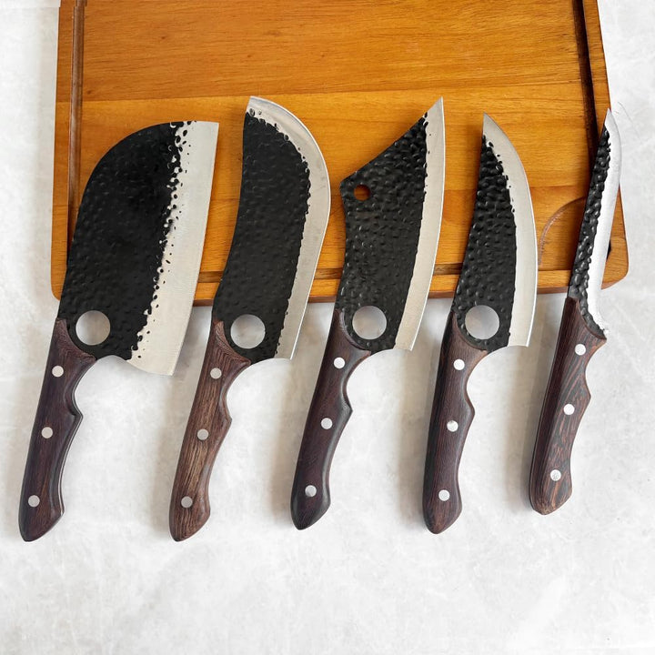 5-Set Messerset Küchenmesser mit Ergonomischen Holz Griff, Scharfe Messer Set aus Hochwertigem Carbo