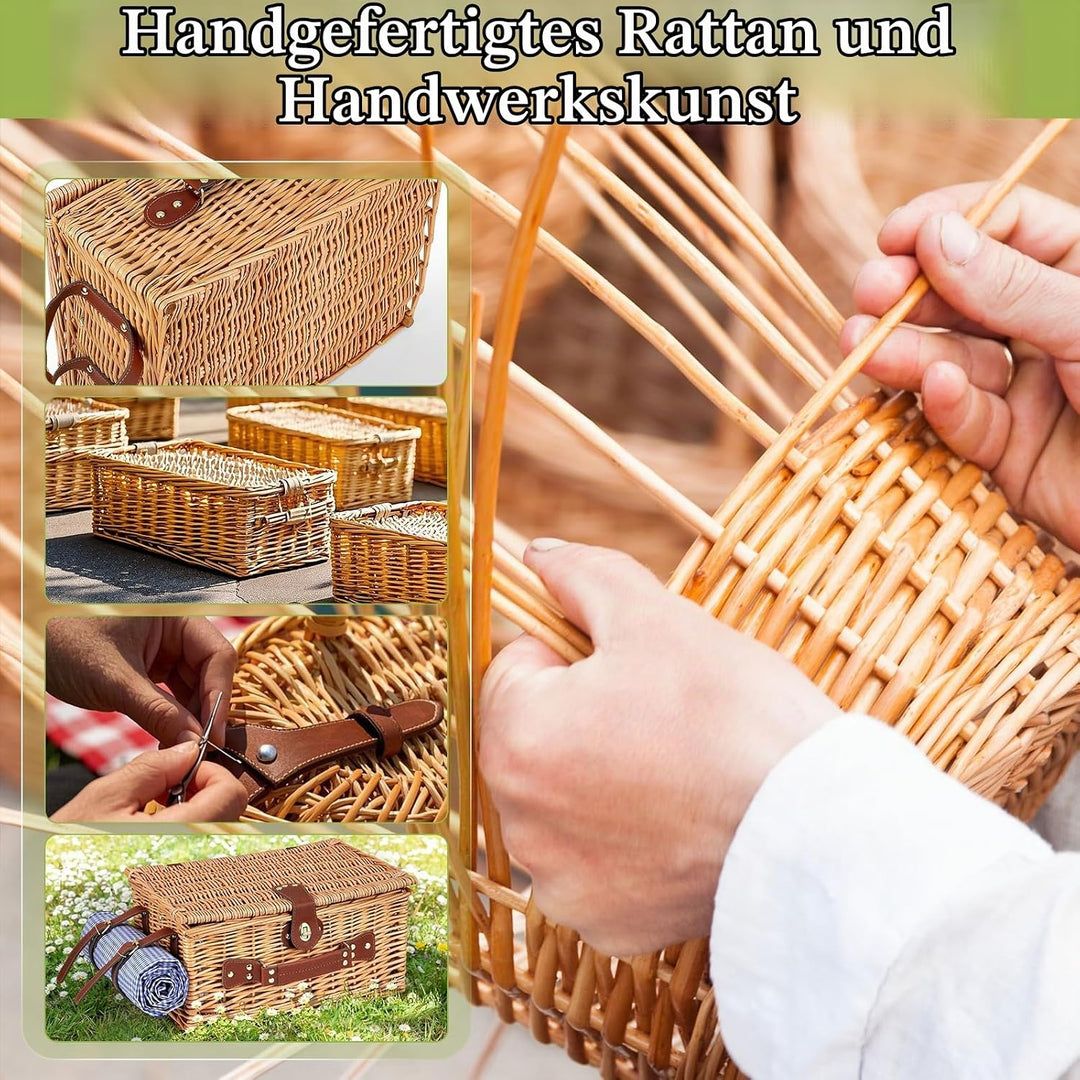 Picknickkorb für 4 Personen, handgeflochtener Korb mit eingebauter Isolierung und wasserdichter Deck