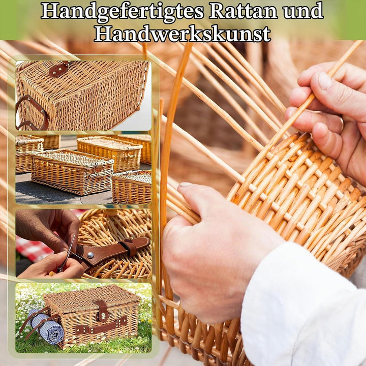Picknickkorb für 4 Personen, handgeflochtener Korb mit eingebauter Isolierung und wasserdichter Deck