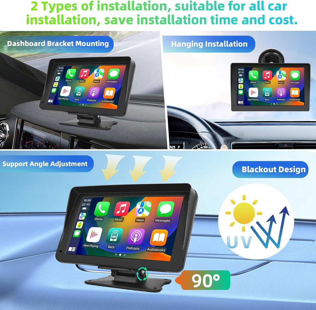Podofo Tragbares Autoradio mit Kabellosem Apple Carplay und Android Auto, 7-Zoll HD Touchscreen, 7V-
