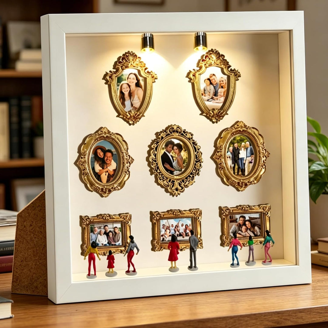 YOUYIKE Mini Museum Bilderrahmen mit LED Licht, DIY Weisser Rand Museum of us mit 8 Mini Gold Kleine