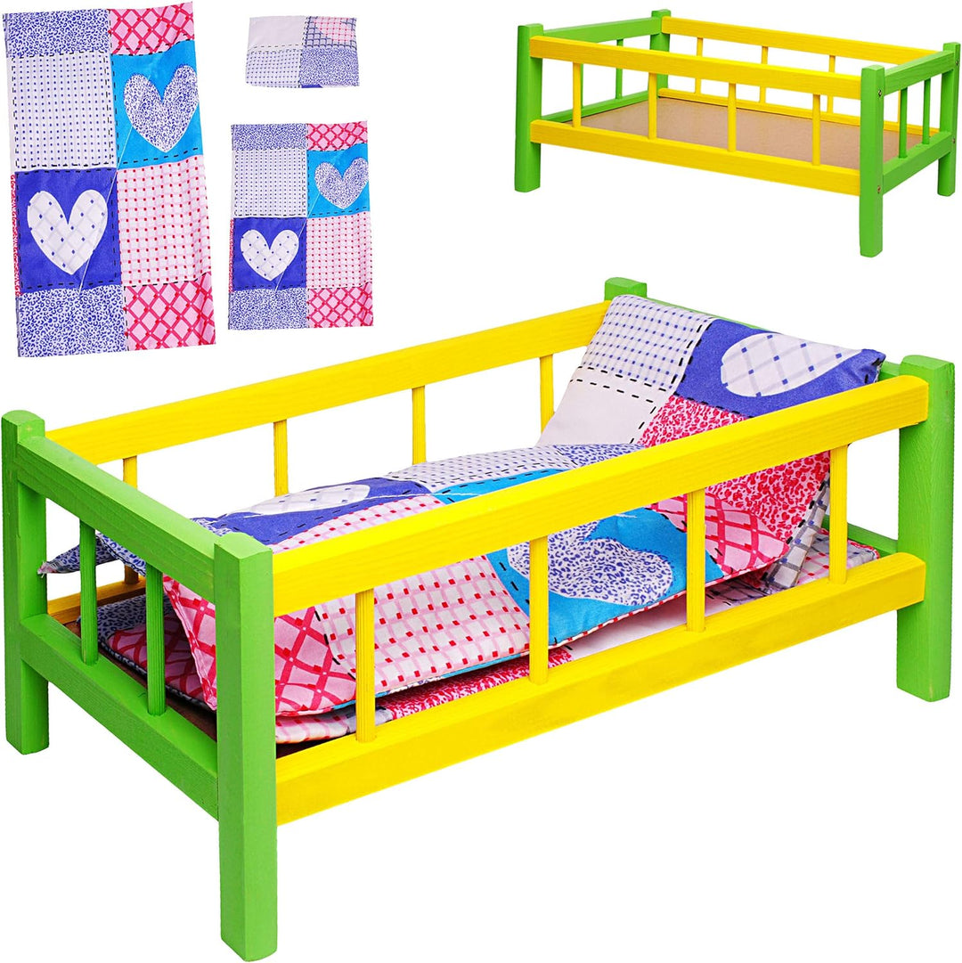alles-meine.de GmbH Holz Puppenbett - 43 cm lang - mit Bettwäsche - Jungen & Mädchen Farben - für gr