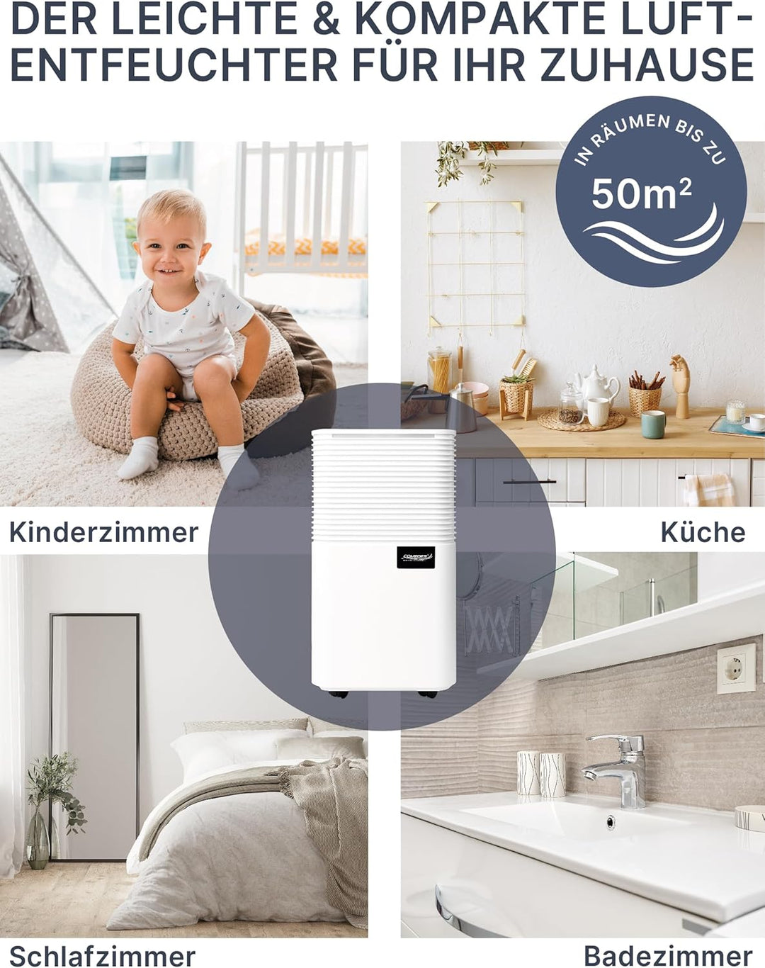 Comedes® Luftentfeuchter 12l / 24h - geräuscharmer Entfeuchter mit Rollen - leise & stromsparende Lu